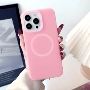 Liquid Jelly Strong Magnetic Case for iPhone 15 Pro Max 16 14 13 Plus - Dustproof Pink Magnetic Closure Protection Against Paint Peeling Shockproof Metal Casing Protective Cellphone