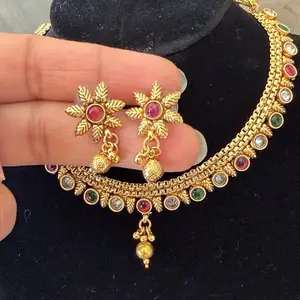 Women's South-Style 2-Piece Costume Jewelry Set - Gold-Plated Statement Necklace, Earrings with Gemstone Accents