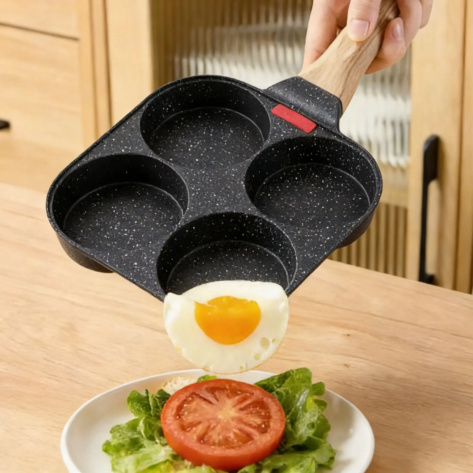 Non-Stick 4-Cup Egg Frying Pan, Silicone-Enhanced Oil-Saving Cookware - Wooden-Handled Thin Skillet for Breakfast Omelettes, Pancakes