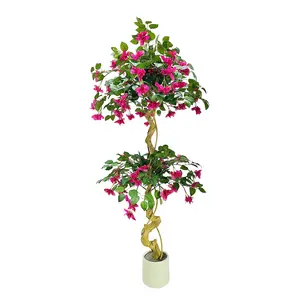 Artificial Bougainvillea Tree, 120/150/180cm Fake Decorative Plant with Pot, Faux Pink Silk Flowers in White Planter, Large Pink Artificial Tree with Flowers for Home House Office Garden Decoration