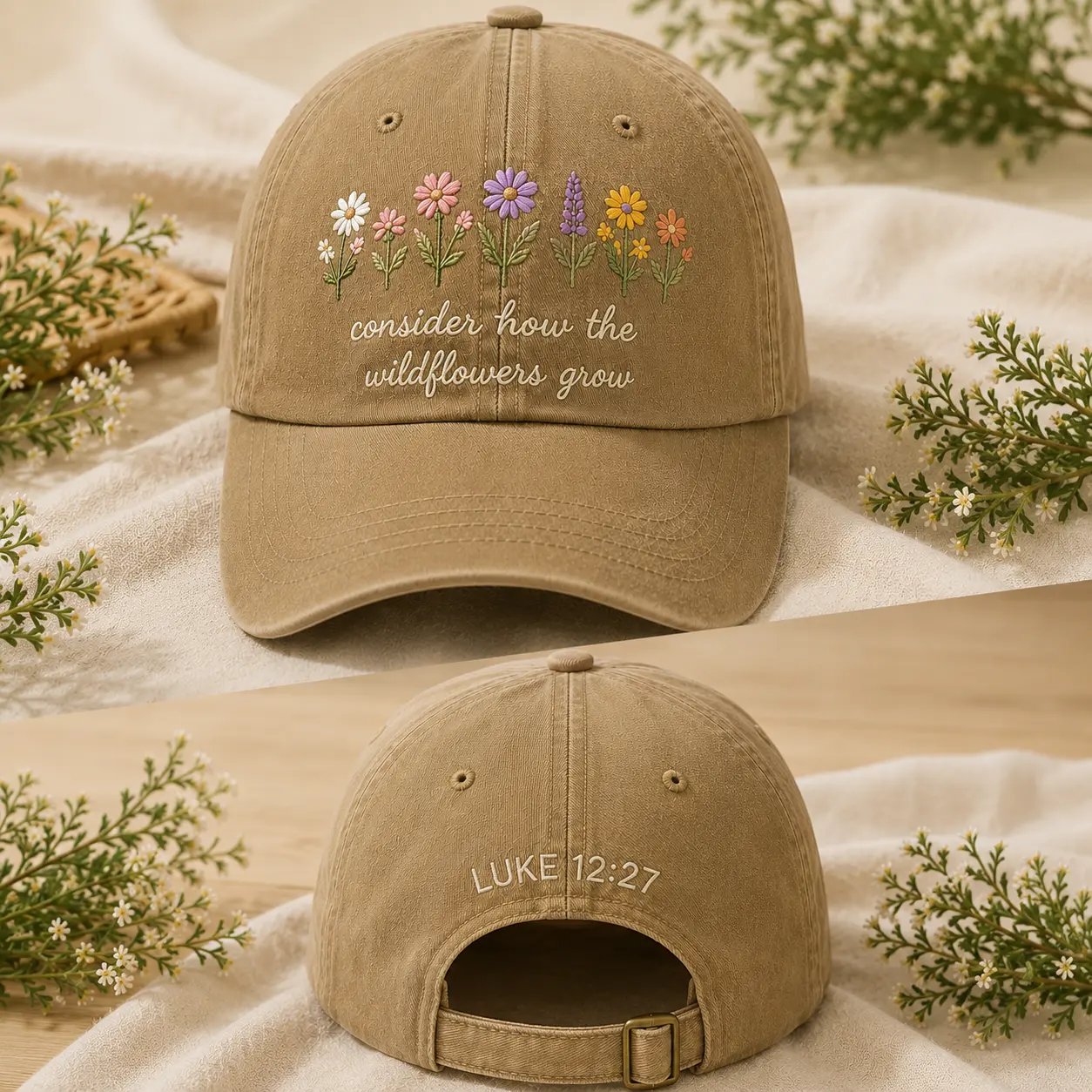 Custom Embroidered Wildflower Christian Baseball Cap, Personalized Faith Floral Hat, Bible Verse Inspired Christian Gift