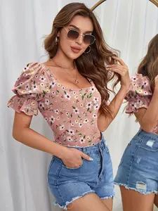 Women's Chic Floral Puff Sleeve Bodysuit - Sweet Square Neckline, Comfy All-Day Wear, Versatile One-Piece for Casual or Party Ensembles