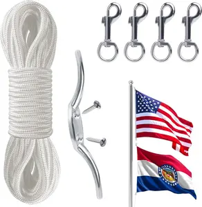 Flag Rope and Clips Kit - 50ft Flag Pole Rope Halyard with Cleat Hook & 4 count Swivel Snap Clips for Flagpoles Up to 25ft, Outdoor Porch Flagpoles Repair Replacement Parts Accessories