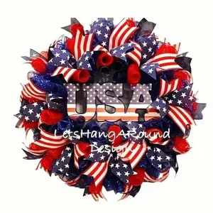 Patriotic Usa Flag Wreath,Independence Day Welcome Sign, FestivalHanging Decor, 18x18 Inches, Suitable for FrontPorch and Outdoor Spaces, Decoration, Party