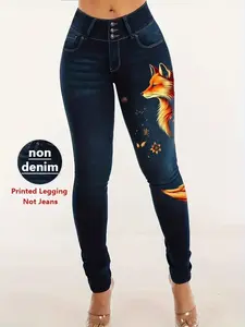 Women's Printed Skinny Jeans Trouser, Casual Fake Denim Style, Elastic Stretchy Material, All-Season Wear, Versatile Design, Everyday