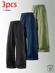 3-pack men’s pure cotton long pants: loose straight casual pants, sweatpants/joggers, featuring a drawstring waistband design. Available in multiple colors. Suitable for home lounging, daily commuting, outdoor walks, short trips, camping—versatile casual