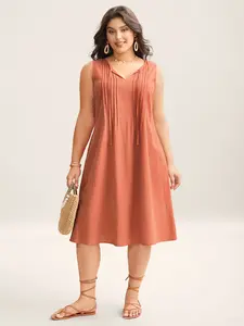 【Summer Turn-Up】【Pocket Approved】 Bloomchic Cotton Toothpick Pleat Plain Midi Dress Casual Summer Basic Sleeveless Comfortable Breathable Regular Fit Side Seam Pocket Minimalist Style 2026 Summer Pick for Mother's Day