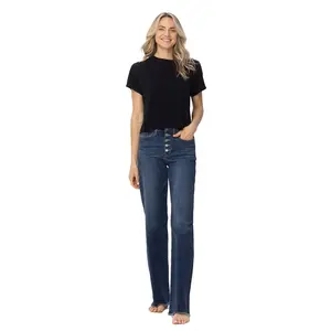 Dark Wash Button Fly Jeans With Fray Edge 