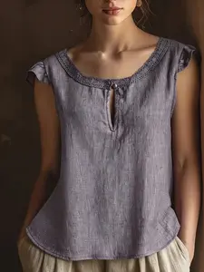 French Style Casual Everyday Hollow Out Half Button Lace Round Neck Crop Top, Loose Fit Slimming Blouse, Shirts, Women's Fashion Vest