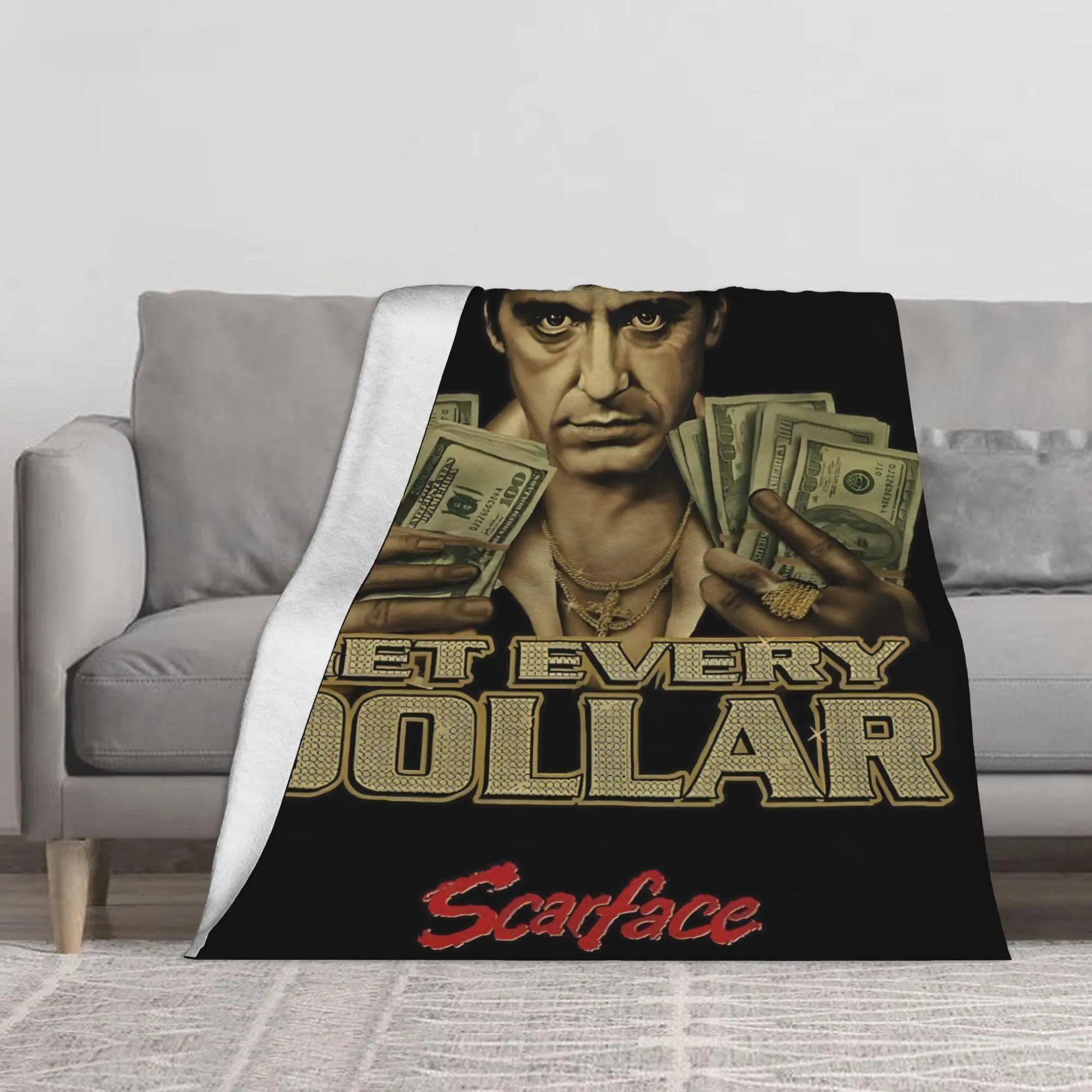 Scarface Tony Montana Retro Movie Flannel Fleece Blanket, Multi‑Size Cozy Soft Plush Throw, Classic Gangster Film Cash Money Gold Jewelry Printed Blanket for Couch Bed, Great Gift for Movie Enthusiasts