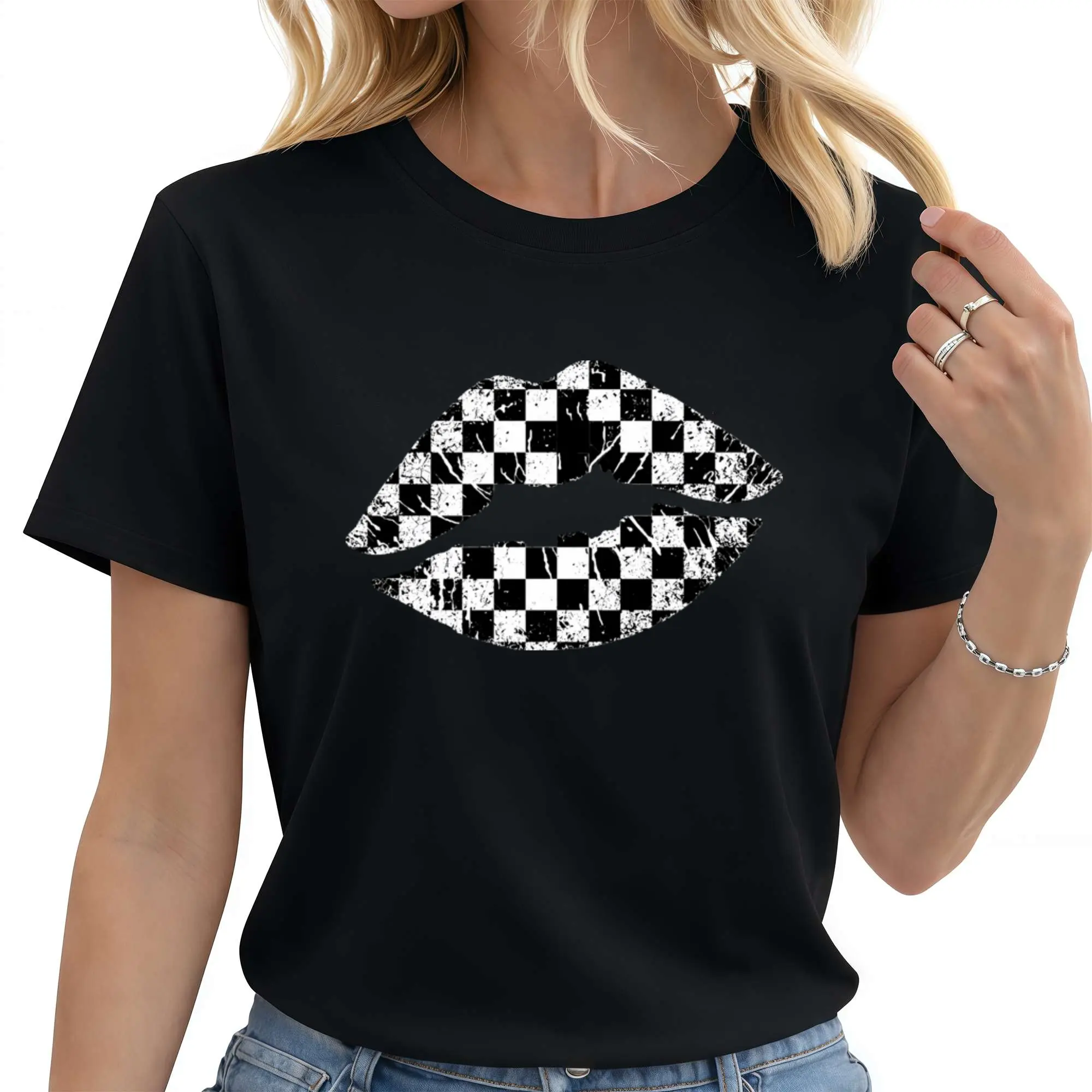 Womens Cotton Short Sleeve Graphic Tee Black And White Checkered Lips Print Casual Summer Top Crew Neck Soft Breathable Streetwear Outfit