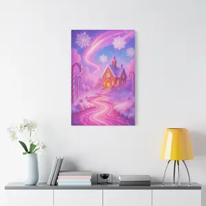 Pink Gingerbread House Canvas Print, Pastel Christmas Decor, Kawaii Winter Aesthetic Wall Art, Cotton Candy Holiday Gift