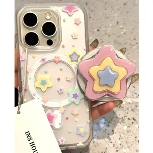 2D Pastel Layered Star Phone Grip Acrylic Griptok, Cute Colorful Star Phone Stand for iPhone Case, Kawaii Kidcore Aesthetic Phone Accessory, Unique Multi Color Star Holder, Gift for Her Teen Girls