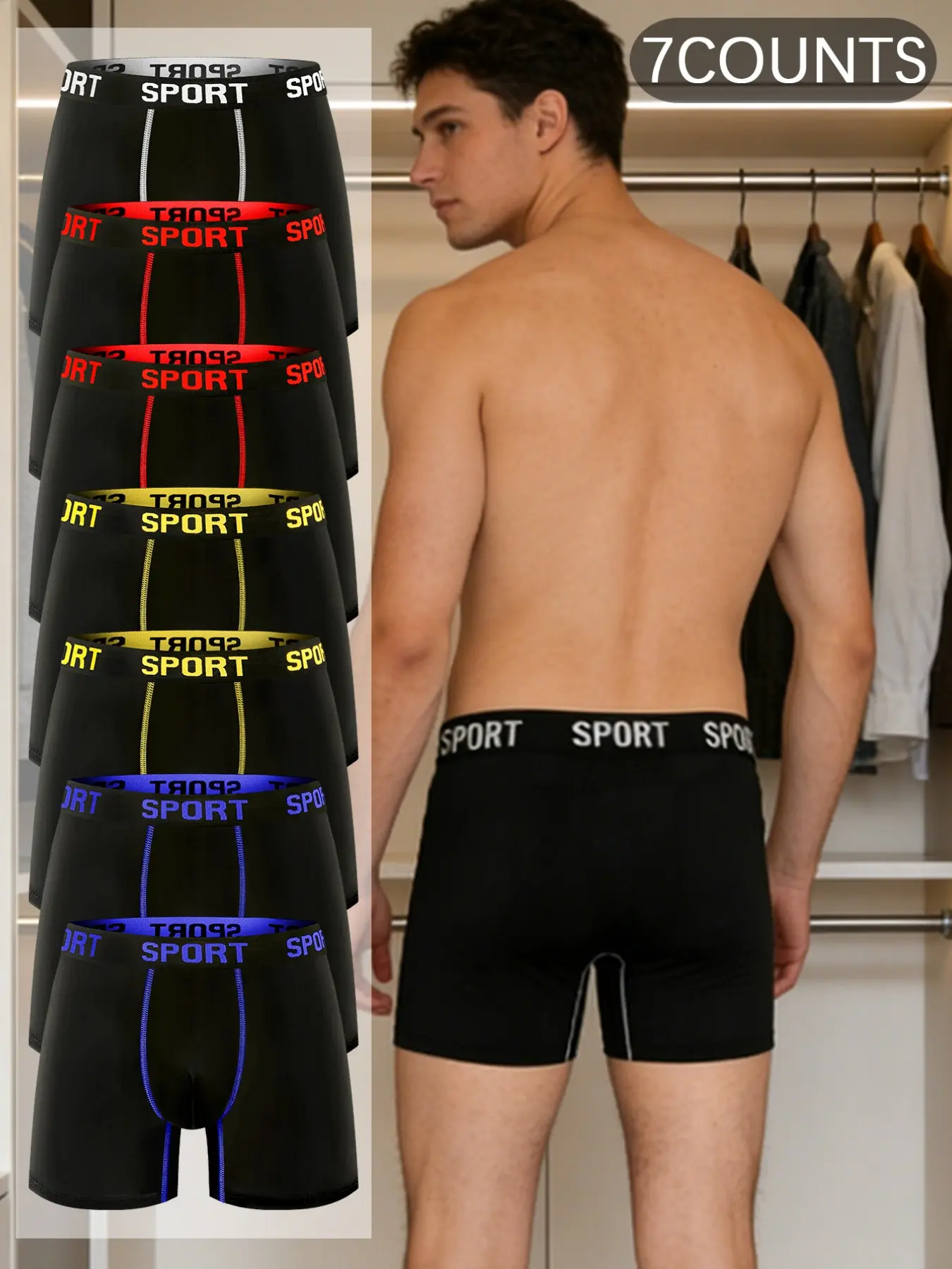 7 pcs Men's long style flat cornered underwear, Boxer briefs set, Comfortable and breathable, Lightweight and soft, Sports Underwear, Suitable for home wear, fitness boxing, Sporty Underwear