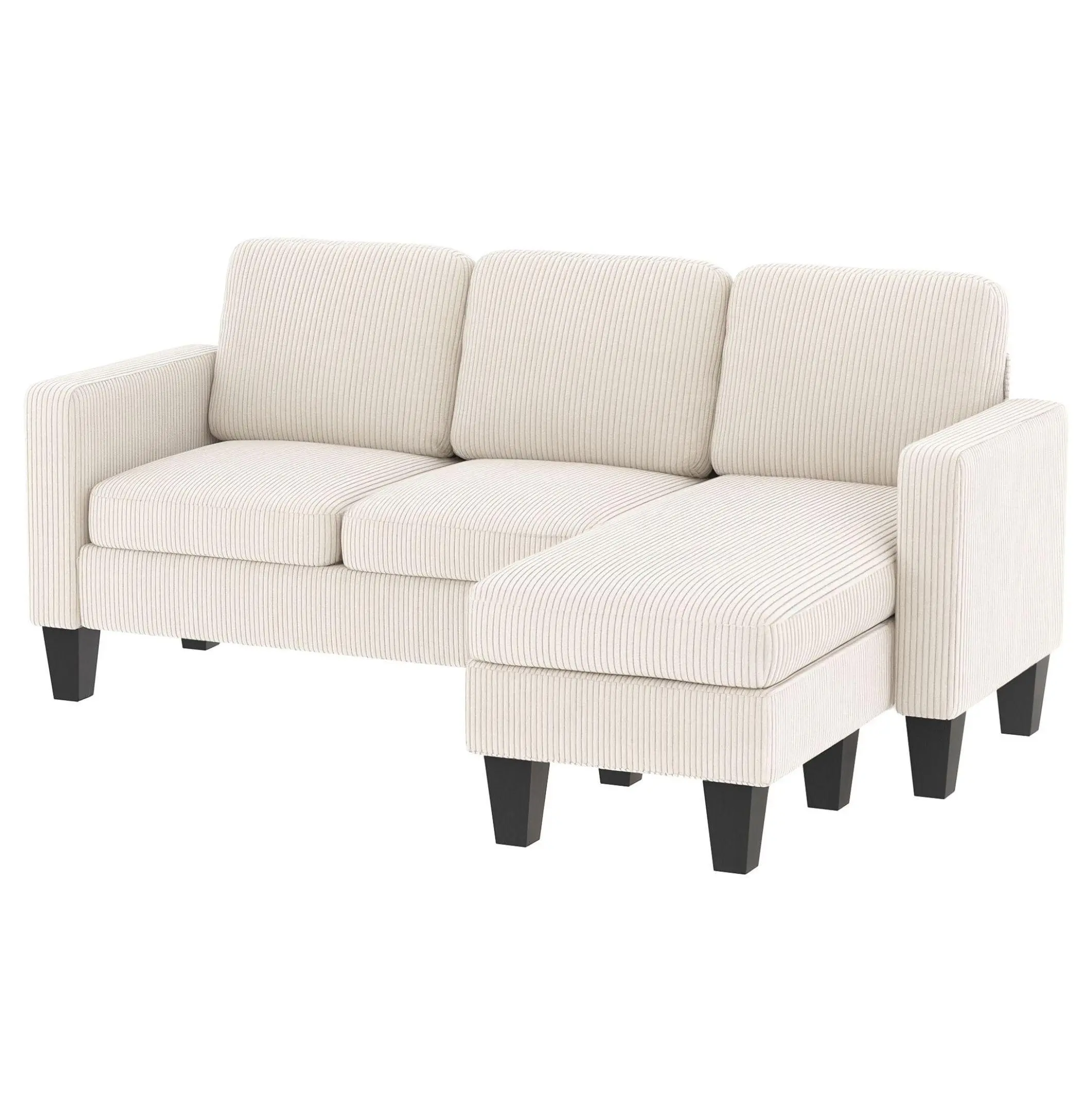 Cream White L-Shaped Corduroy Fabric Corner Sofa with Reversible Chaise & Ottoman, Compact Functional Sofa for Small Living Spaces, Modern Indoor Furniture Room Divider, Corduroy Fabric Sofa