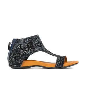 Downtown Navy Floral Multi Print T-Strap Sandal for Women Summer Casual Leather Walking Shoes Open Toe Comfortable Fashion Accessory - Footwear