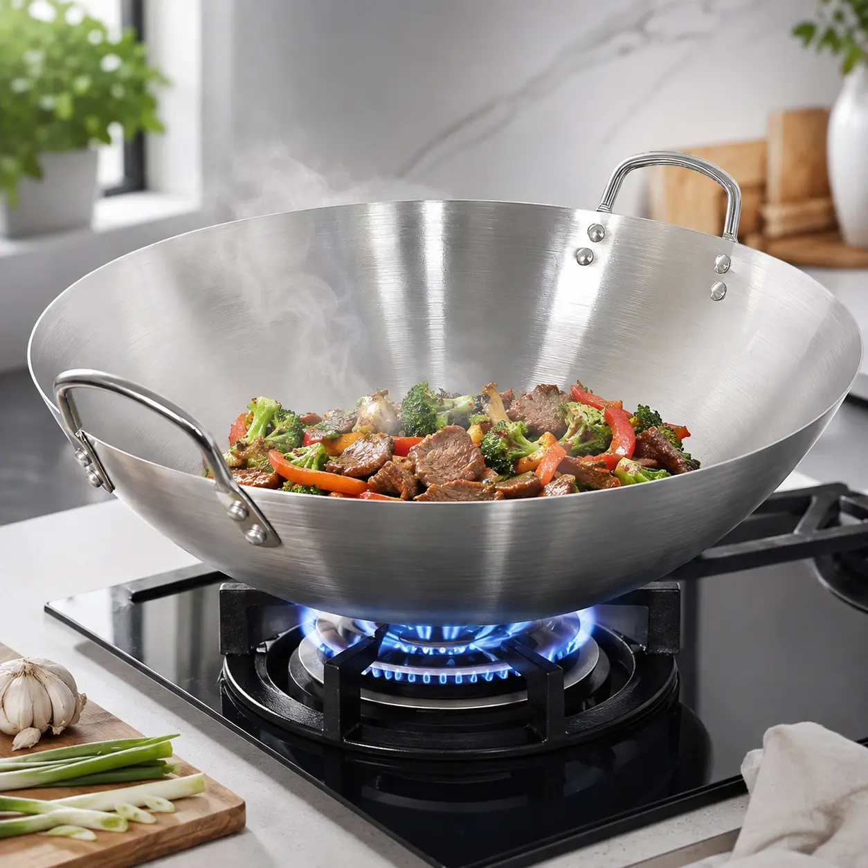 Multi-Purpose Stainless Steel Wok Pan, Non-Stick Frying & Stir-Fry Cookware with Ergonomic Handle for Gas, Induction and Electric Stoves, Quick Cooking Kitchen Essential, Easy to Clean