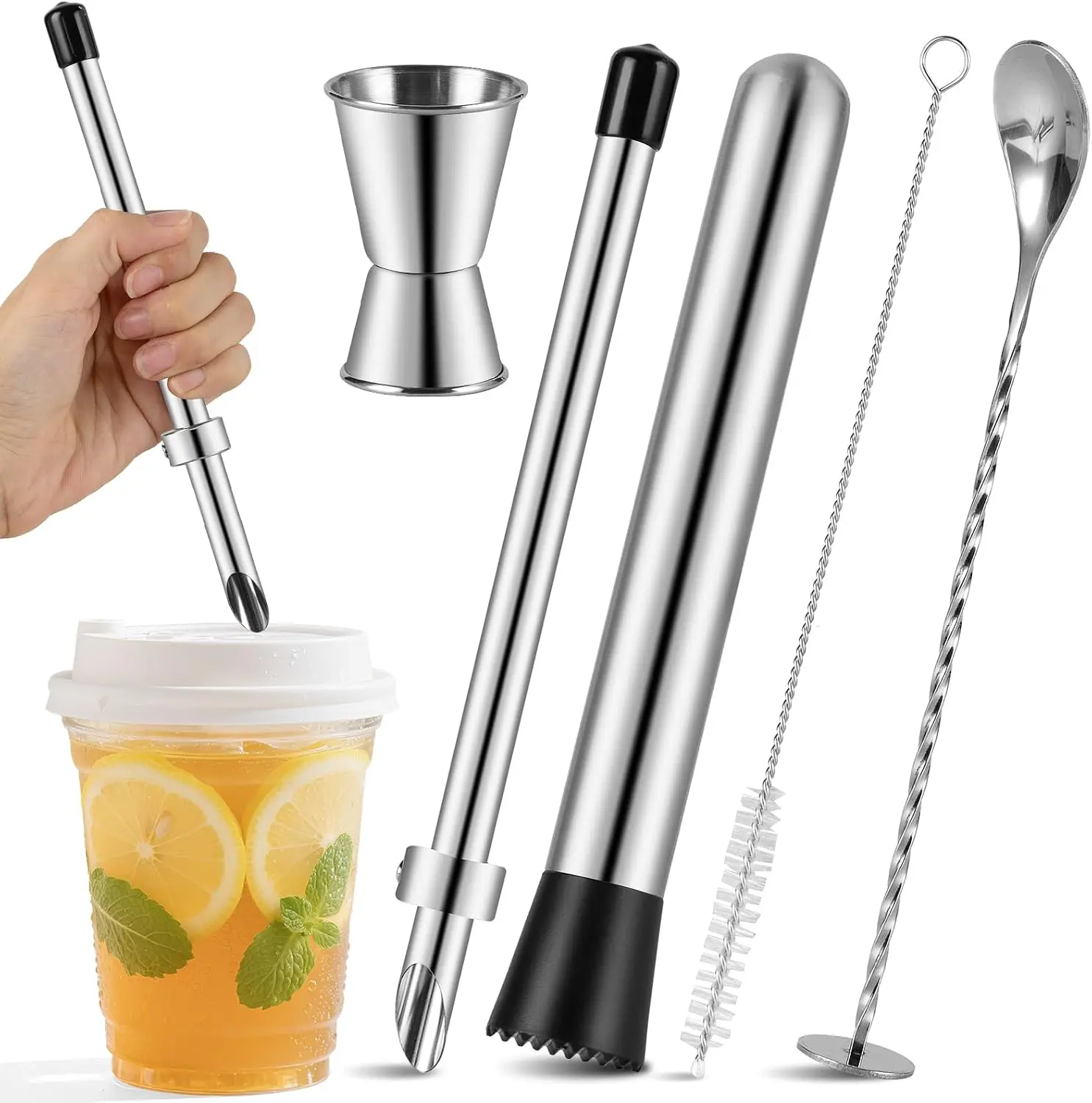 5-Piece Drinkware Accessory Set - 304 Stainless Steel Straw Puncher for Lemonade Plastic Lid Cups, Including Muddler, Bar Spoon, Jigger