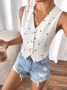 【Graduation Season】Women's Summer Heart Print V-Neck Elegant Fitted Tank Top, Perfect for Office Wear, Weekend Outings, Student Season, Stylish and Comfortable