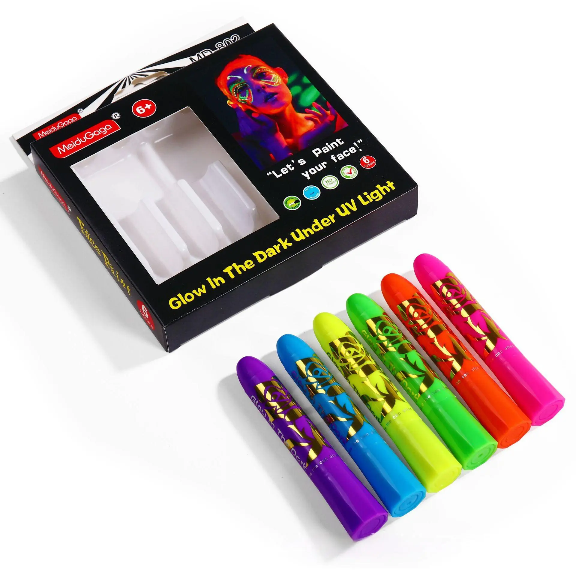 Face & Body Paint Crayons, 6 pcs UV Reactive Glow in the Dark Neon Makeup for All Skin Types, for Halloween & Festivals, Glow In The Dark Body Paint, Cosmetic