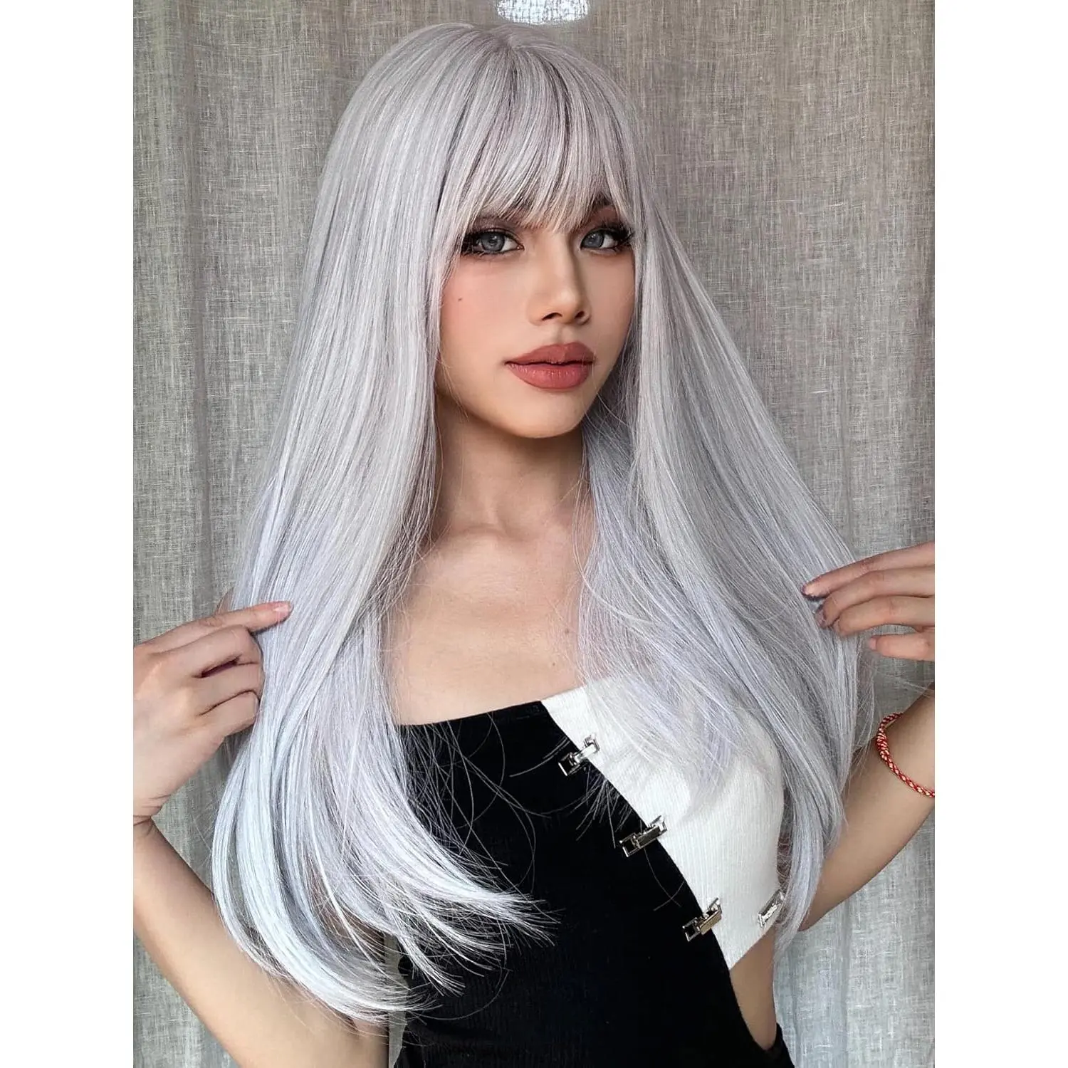 White Wig with Bangs Long Straight White Wigs for Women  Wigs for Gril  Hairline Heat Resistant Synthetic Wig for Daily for  Party Halloween