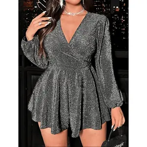 [Plus Size Sequin Jumpsuit] Plus Size - Plus Size - Xiao Tang Directional Plus Size V-Neck Long-Sleeved Sequin Bulingbuling Jumpsuit