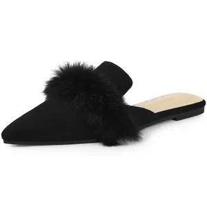 BLISSFUL STEP Soft Fur Pointed Toe Slip on Flat Slide Mules Black