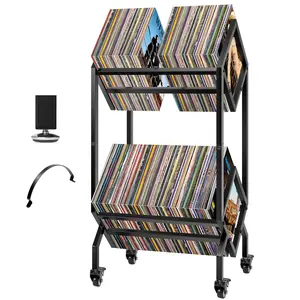VIVOHOME 2 Tier Storage Rack, Vinyl Record Organizer 100-200 LP Holder Display Stand Metal Frame with Smooth Casters for Albums, Magazines, Books, Office Files