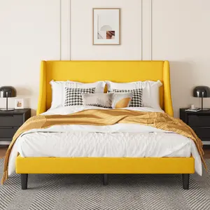 SHA CERLIN Queen Size Upholstered Bed Frame with Streamlined Wingback Headboard (Frame Only, No Mattress) – Breathable Linen Fabric, Solid Wooden Slats, Summervibes Father's Day Gift, Queen Size Bed Frame