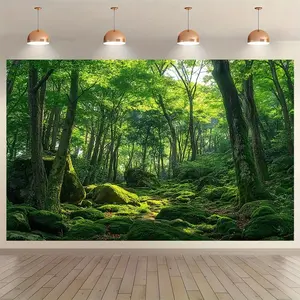 2D flat banner 1PcsForest Aquarium Background Lush Green Tropical Rainforest Natural Landscape Terrarium Background Jungle Forest with Sunbeams Old Huge Trees Fish Tank 82.6inchx118.1in Decoration Background Photoshoot Banner Polyester Fabric