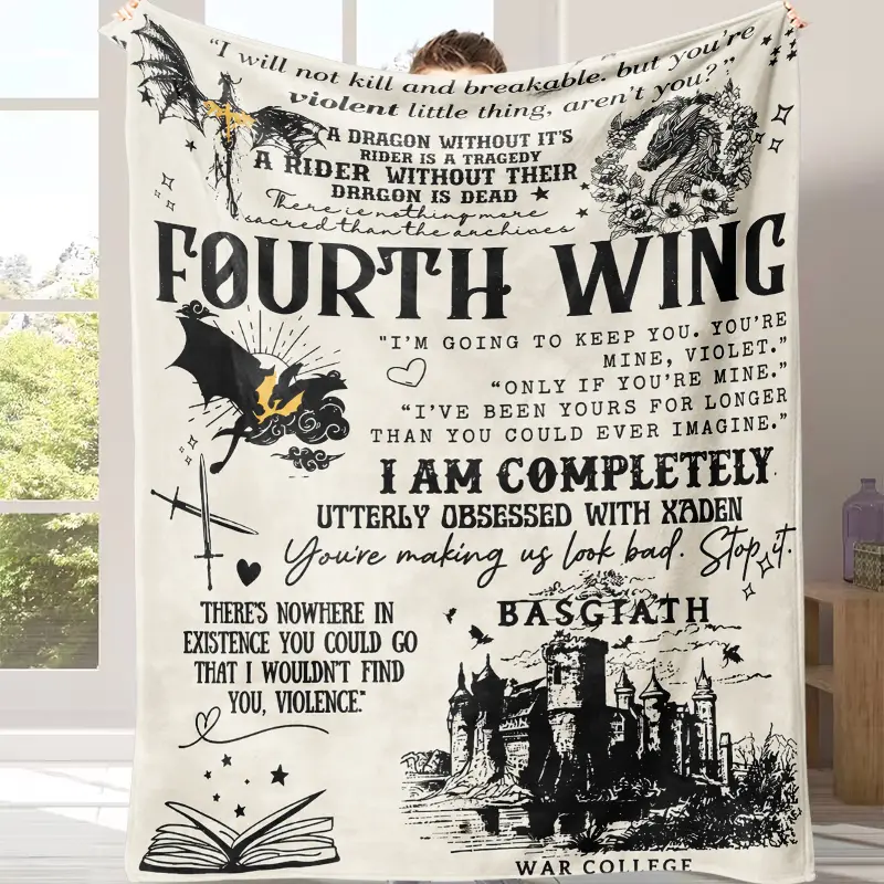 Dragon Pattern Art Graphic Blanket - Black Pattern Book-Themed Blanket with "The Fourth Wing" Theme Illustration, Black-White Dragons, Knights, Castles & Classic Dialogue, Ideal Gift for Friends, Art Graphic Blankets, Black Pattern Blankets
