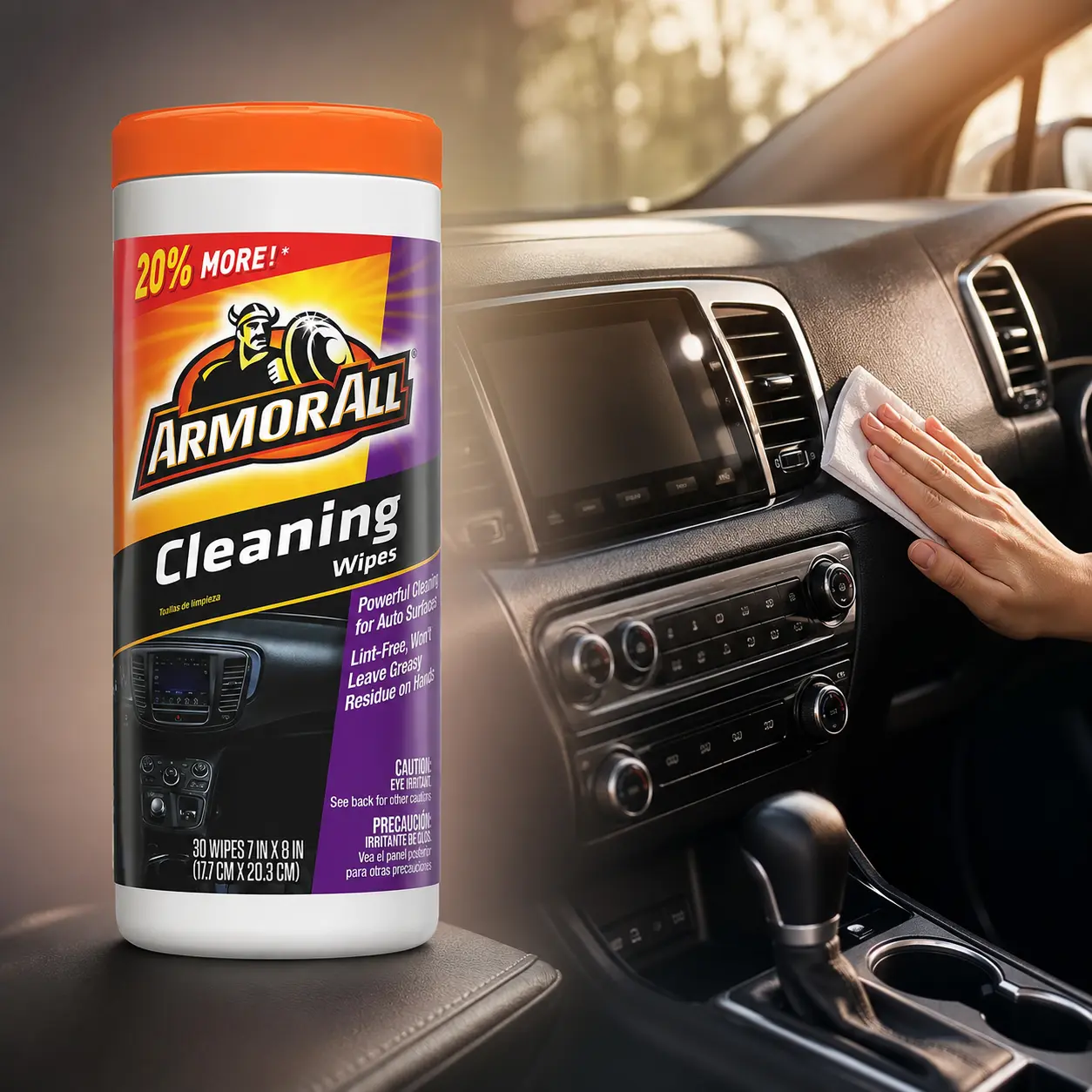 Armor All Car Interior Surface Cleaner Wipes (30 Count Canister) - Single-Use Auto Cleaner for Plastics, Leather, Fabric, Carpet, Removes Dust, Grime, Sunscreen Smudges, Bug Spray Residue, Ground-In Dirt, Safe for Matte Finish