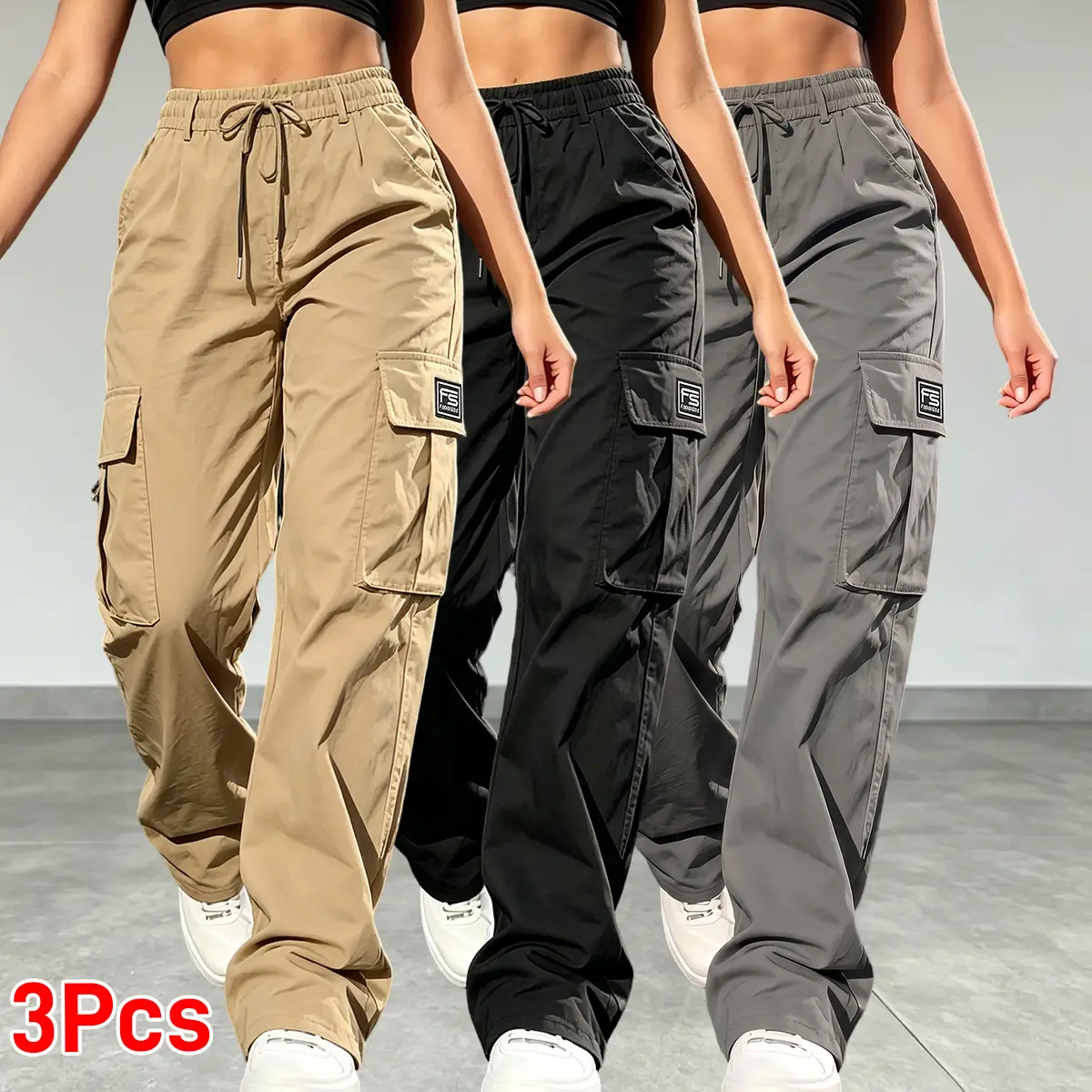 3PCS women’s cargo pants: casual, elastic waist, Bohemian minimalist basic women’s pants with pockets; suitable for summer outfits, vacations, and beachwear; sporty casual style; comfortable loose fit; casual drawstring high-waist pants; loose, comfortabl