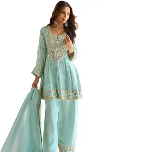 Red Mirror Work kurta with palazzo  for Women - Fashion Clothing - Womenswear Suits Comfort Top-in chiffon Elegance Comfortable elegant fashion 3-piece set outfit woman spring