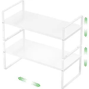 Expandable Cabinet Shelf Stackable Organizer Rack for Pantry Spice Cupboard Countertop Home Office Desk Duty Nonslip White Small 2 PACK