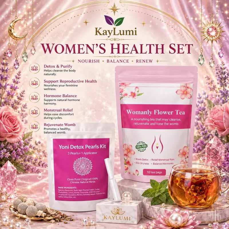 Kaylumi Women's Traditional Packaged Botanical Extracts Herbal Set - Detox Cleanse Tea, Ready-to-Mix Tea, Yoni Pearl, Fruity Beverage for Reproductive Health Support
