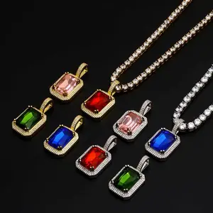 Hip Hop Jewelry Square Colorful Gemstone Pendant Necklace Accessories Micro Paved Zircon Fashion Men's Pendant hand knotted faith based synthetic handmade turquoise 3d printed silver smith spring body chain high quality good luck lil peep chewy waterproof