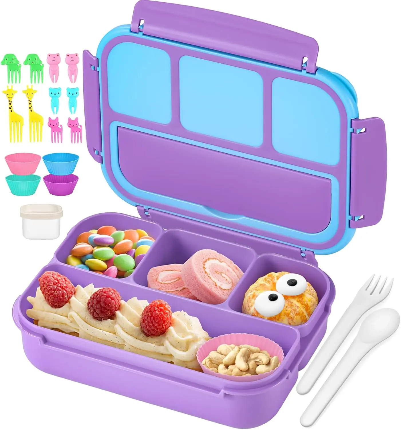Bento Lunch Box for  Girls Boys,   Lunch Boxes for School, Lunch Containers for Adults with 4 Compartments, Sauce Container, Utensils,  Picks and Muffin Cups, Purple