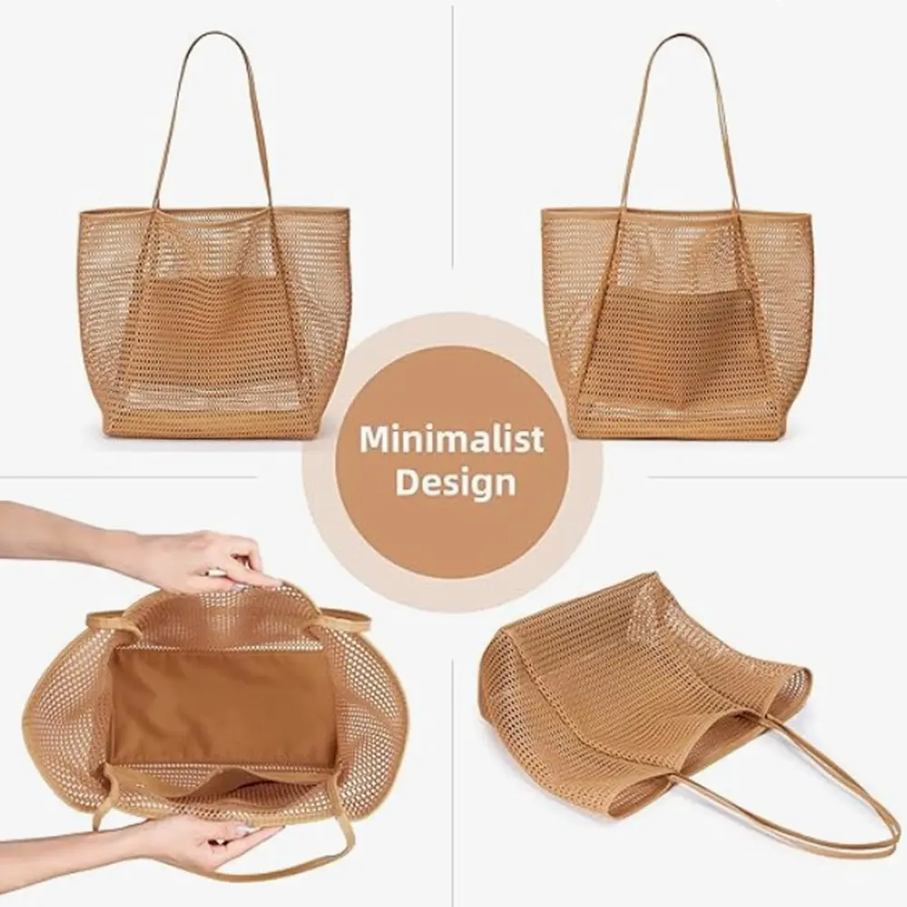 Women's Casual High-Capacity Minimalist Mesh Tote Bag - Double Handle, Lightweight, Heavy-Duty, Sandproof, Portable with Zippered Pocket - Beach Bag for Home Storage Organization, Beach Bags, Everyday Tote