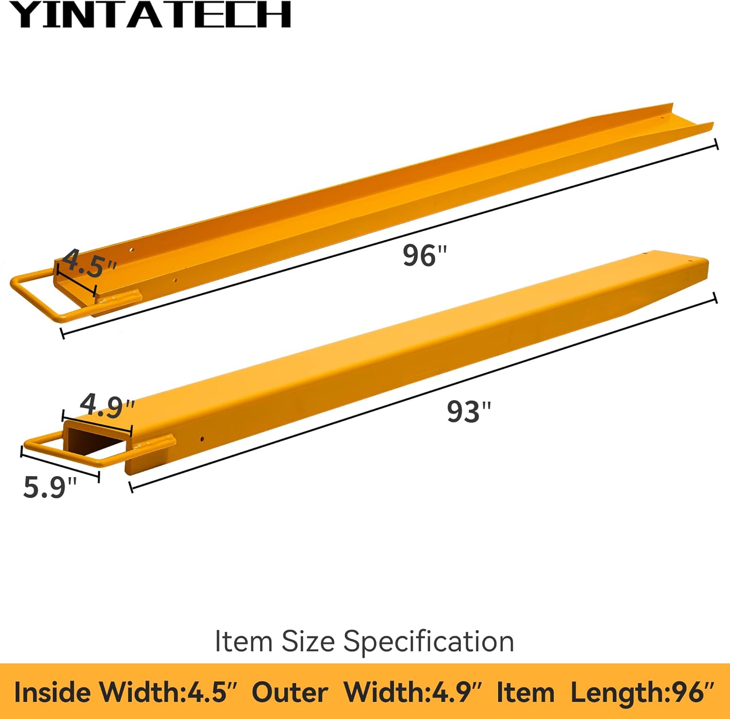 YINTATECH 4.5in Width Forklift Extensions Fits for 4" Wide Forks, Heavy Duty Pallet Fork Extension, 96in Length, 1 Pair, Yellow