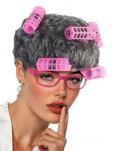 Curly Old Lady Wig with Rollers, Classic Landlady Cosplay Wig for Halloween, Comedy Show Accessory, 1 Piece