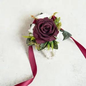 Burgundy Rose Pearl Bracelet Corsage – Real Touch Wrist Corsage with Ivory Accents, Wedding Boutonniere for Mom, Bridesmaid & Prom Gift