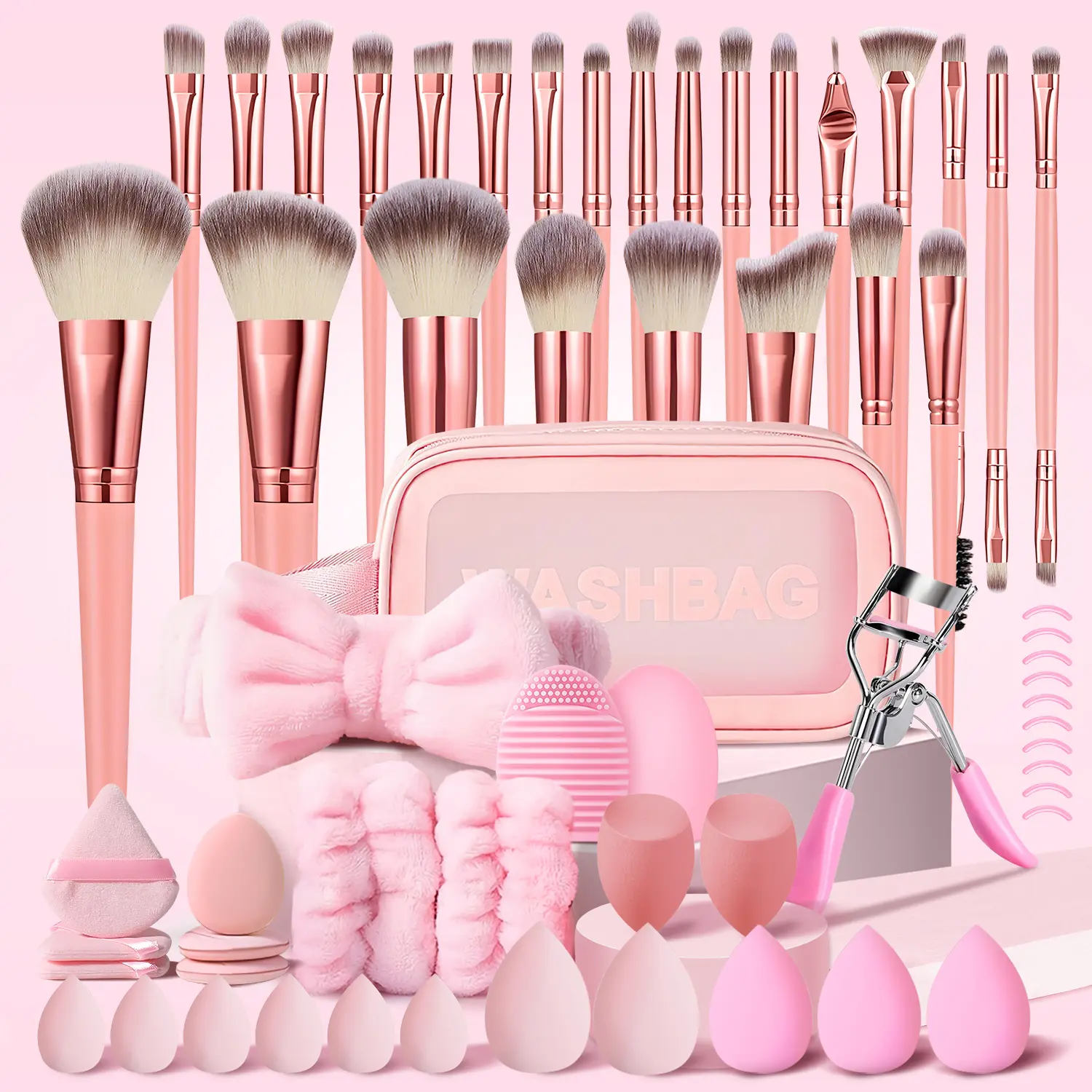 Face Makeup Brushes Set, 61PCS Pink Makeup Kit Set with Makeup Bag, Makeup Sponges, Triangle Puffs, Finger Puffs, Cleaning Brush, Headband, Wristbands, Facial and Eye Makeup Products, Travel Makeup Tools Set Make up Brushes for Makeup Lovers