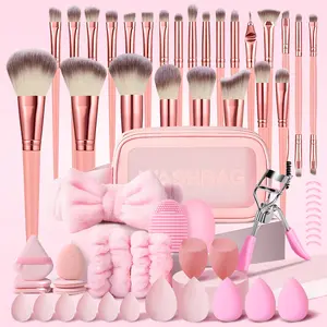 Face Makeup Brushes Set, 61PCS Pink Makeup Kit Set with Makeup Bag, Makeup Sponges, Triangle Puffs, Finger Puffs, Cleaning Brush, Headband, Wristbands, Facial and Eye Makeup Products, Travel Makeup Tools Set Make up Brushes for Makeup Lovers