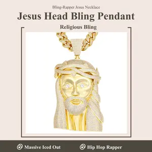 Massive Iced Out Hip Hop Rapper Jesus Head Religious Bling Pendant Chain with Diamond Accents