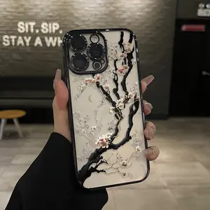 White cherry blossom tree Blooming Pattern Electroplated Mobile Case Camera Lens Protection wildflower cases for iphone 16 15 Pro max case 14 13 12 11 XR XS Plus Shockproof and non-slip silicone transparent acrylic mobile phone protective film