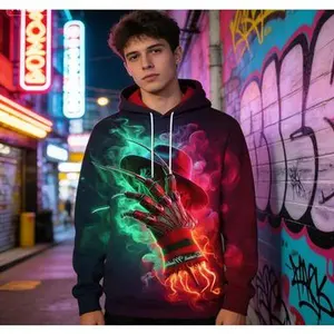 【Neon Freddy Krueger Claw Hoodie】Horror Edgy Print Top | Men/Women Oversized Stylish Streetwear | Glowing Freddy Glove & Neon Smoke Graphic Hoodie | Trendy Spooky Casual Daily Fashion