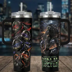 Ninja Turtles Squad 40oz Insulated Tumbler with Handle,TMNT 20oz Tumbler No Handle 90s Mutant Brothers Travel Mug, Martial Arts Turtle Double Printed Vacuum Flask, Gift for Movie Fans, Heavy Duty Stainless Steel Cup with Straw