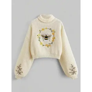 Women’s off-shoulder sweater with cartoon bee embroidery, casual long-sleeve turtleneck for spring and autumn, fashionable women’s knit sweater