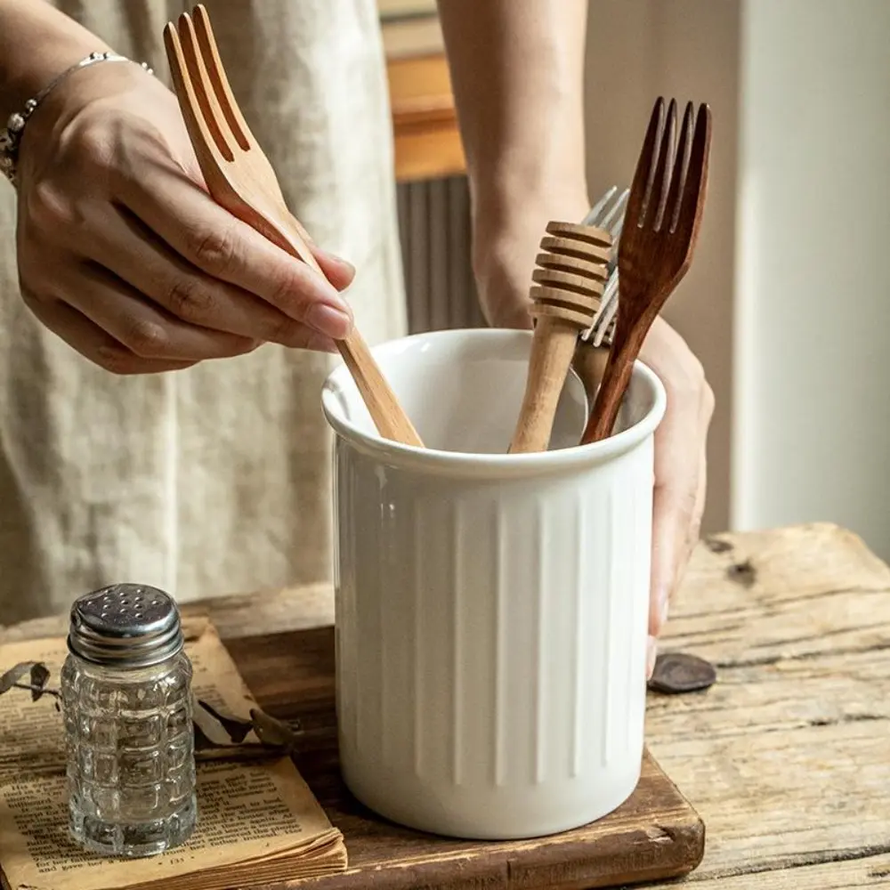 Kitchen Utensil Holder - Farmhouse Utensil Holder for Countertop - Ceramic Utensil Crock - Kitchen Decor & Housewarming Gift (White)